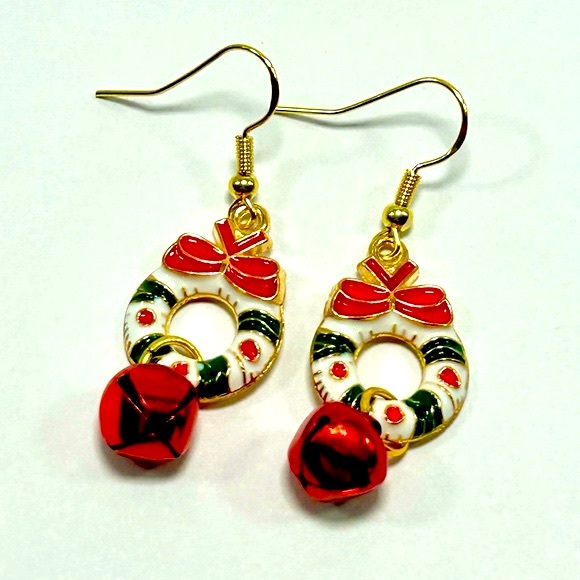 Handmade 14K Gold Plated Christmas Wreath Jingle Bell Earrings! - Picture 4 of 4